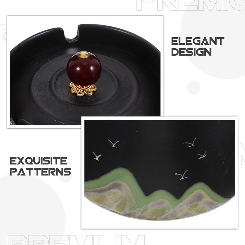 Hand Painted Ceramic Ashtray With Lid Windproof Outdoor Chinese Style Black Matte - Image 3